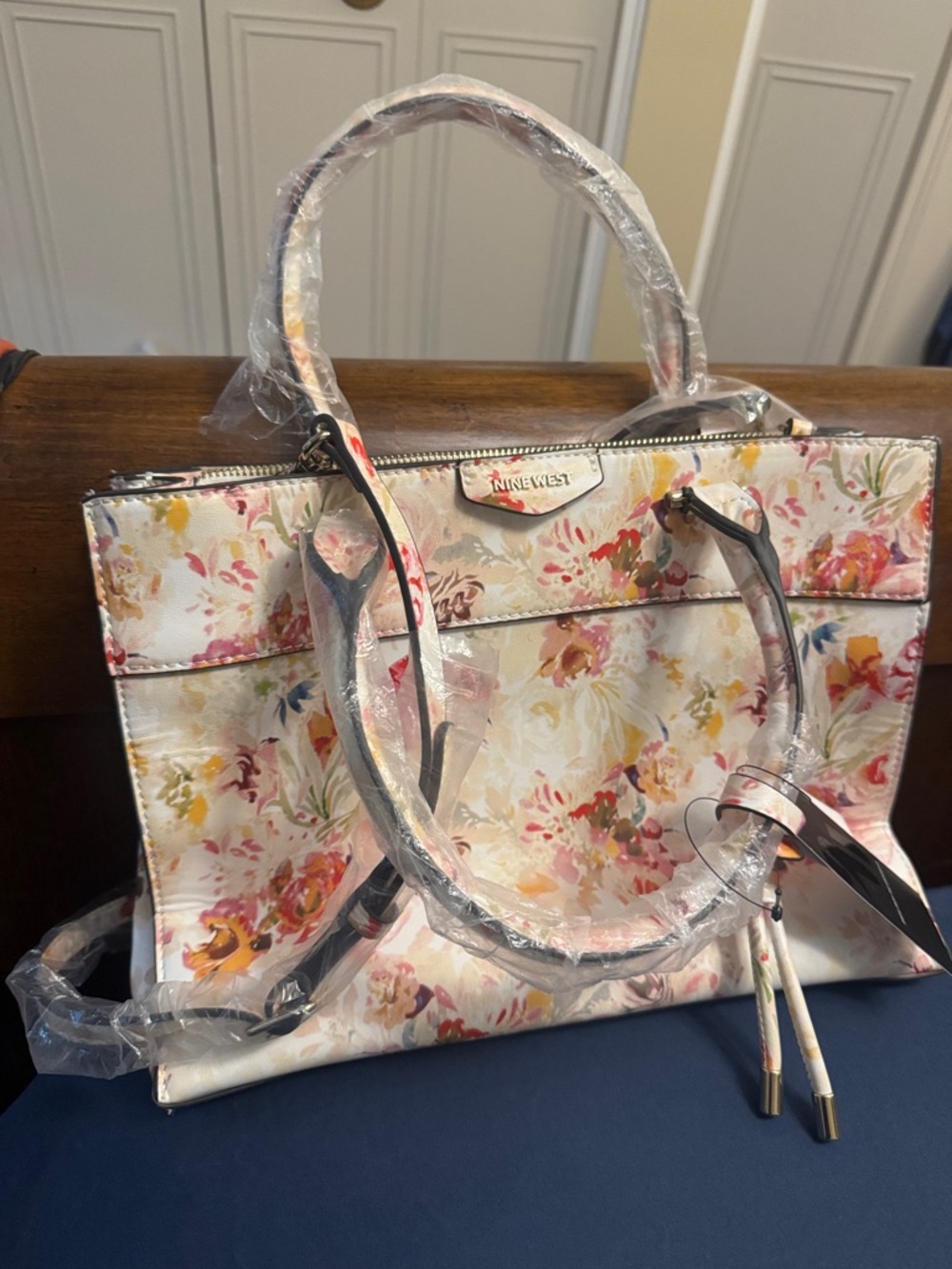 Nine West Floral Tote in White with Pink and Yellow Accents